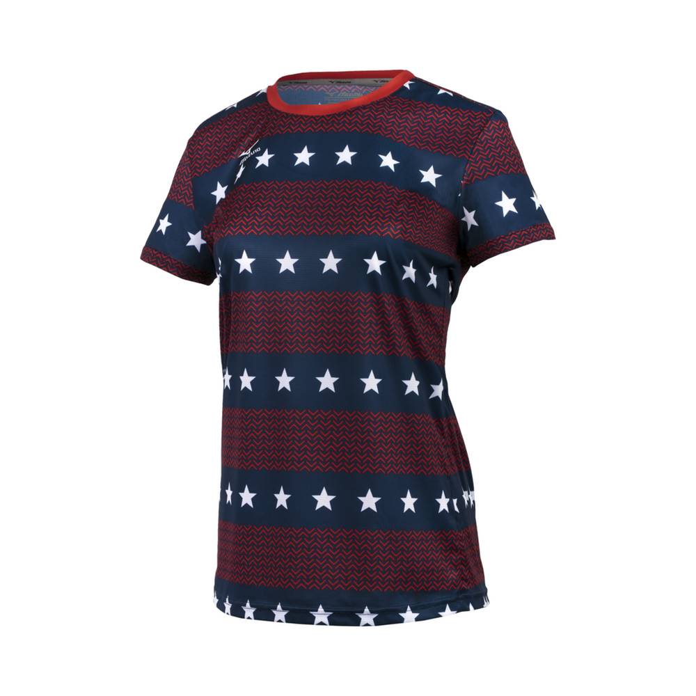 Damske Tričko Mizuno Printable Short Sleeve Červené/Modre Vypredaj DZPX96105